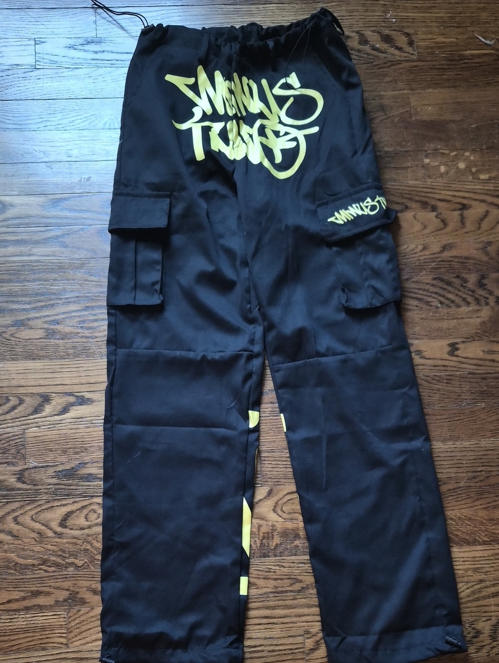 Black Cargo Pants with Yellow Graffiti Graphic New Without Tag